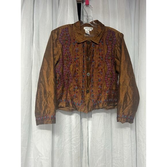 Coldwater Creek silk Embroidered Jacket Boho Crinkle Button Front P Med Y2K Boho - Picture 1 of 9